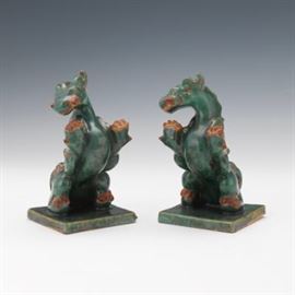 Two Chinese Ceramic Celadon and Russet Glazed Dragons 