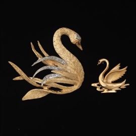 Two Gold, Diamond and Ruby Swan Brooches 