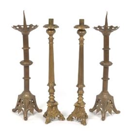 Two Pairs of Gothic Revival of Ecclesiastical Bronze Prickets and Candle Holders 