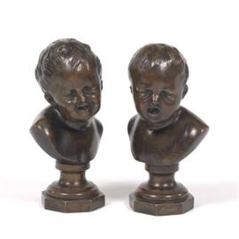 Two Patinated Cabinet Bronze Busts of Laughing and Crying Boys 