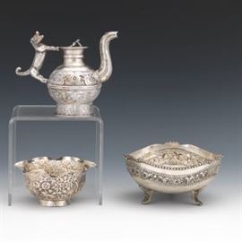 Two Sterling Silver Bowls and Diminutive Teapot 