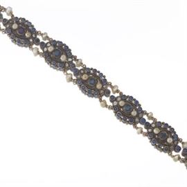 Victorian French Gold, Silver, Blue Sapphire, Diamond and Seed Pearl Bracelet 