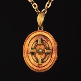Victorian Gold and Seed Pearl Locket Pendant on Italian Gold Chain