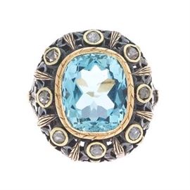 Victorian TriColor Gold, Aquamarine and Diamond Ring 