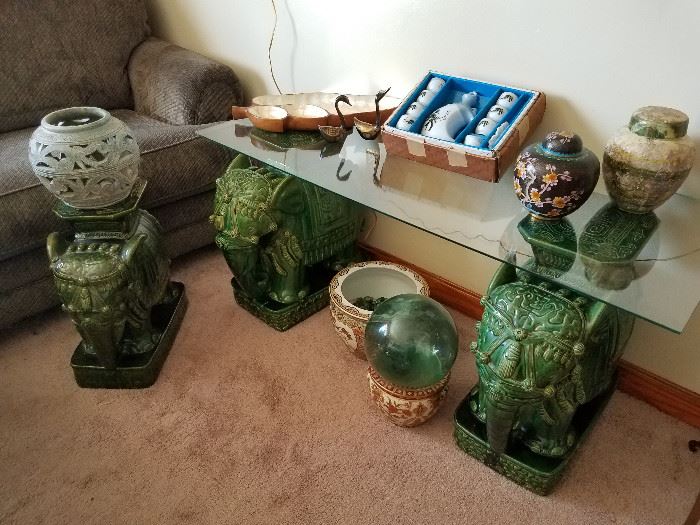 Glazed elephant table and plant stand