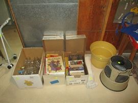 Canning jars, books and stools