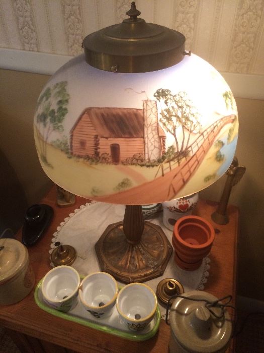 Reverse painted lamp with barn scene