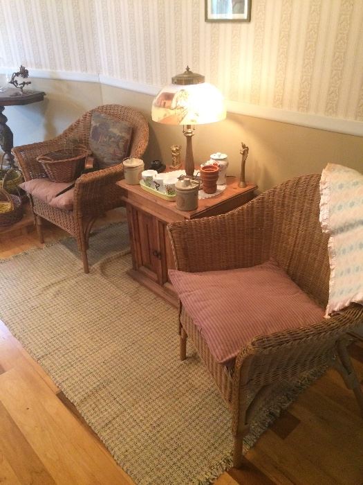Pair of antique wicker chairs, nice wooden stands