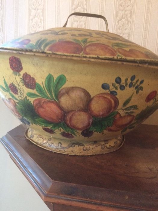 Tole painted metal bowl with lid