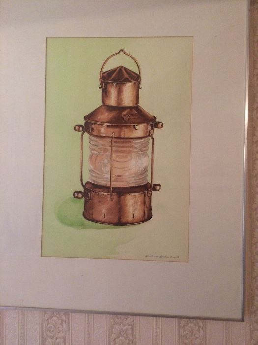 Water color Gerard von Grieken of lamp, railroad lantern, date 4/25/82, Dutch artist