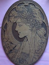 1912 Flemish Art, large oval "burned wood" pyrography, also have a b ox