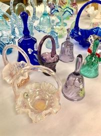 Fenton bells and baskets  collection. Many hand painted and signed 