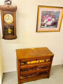 3 Drawer Eastlake Chest that has Pegged Drawers and an  Antique Clock with a horse on the top 