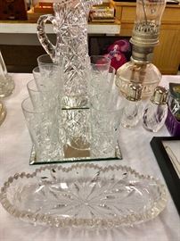 American Brilliant Cut Glass Pitcher and Set of 8 Goblets 