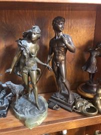 Signed Woman Huntress with Dog  Bronze Statue ,    Ceramic Statue of David dated 1968 