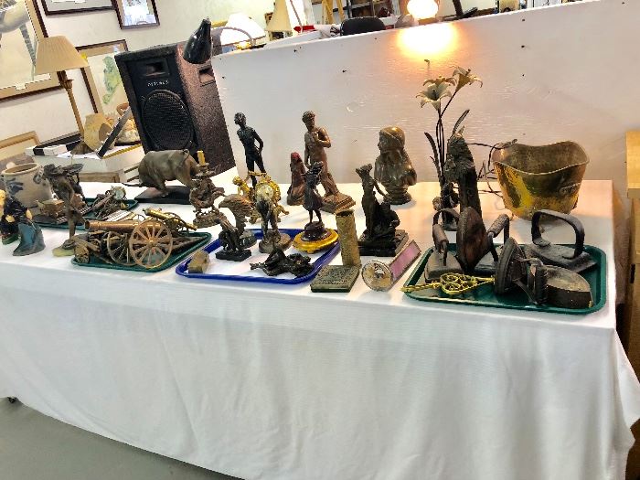 Table of Statues , Some Bronzes some signed , Antique Irons , Antique and  Vintage Signal Shooters Nautical Cannons , Antiques 