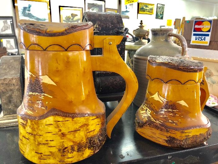 Pr of Oversized Wooden Handpainted Treenware German Mugs . Unusual Art 