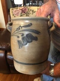 Antique Salt Glaze decorated Blue pot with handles 