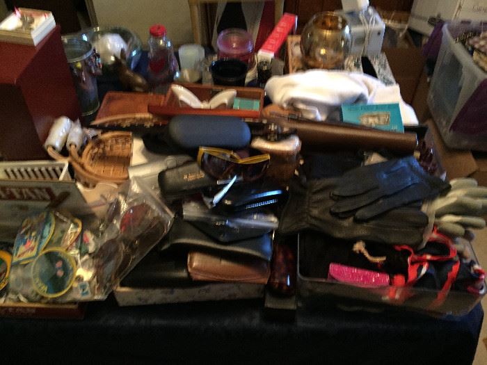 Lots of gloves and vintage glasses/cases