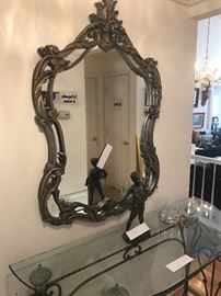 Grey Metal And Glass Entry Table ~ Ornate Grey Painted Wall Mirror