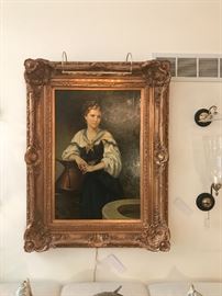 HARRISON ~ Woman At Well ~ Decorative Canvas Painting In Ornate Frame ~ PAIR Glass And Brass Candle Holders With Smoke Bells