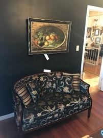 Upholstered Black Floral Sofa ~ Fruit Still Life Print In Black And Gold Crackled Frame