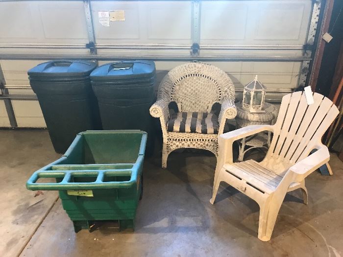 Assorted Garage Items ~ Rattan And Plastic Chair ~ Garden Wheel Barrel