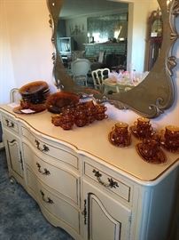 French Provincial Buffet, Mid Century Amber Glassware