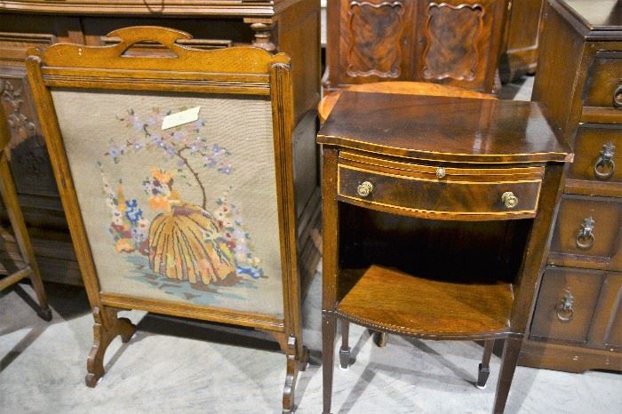 Needlepoint fire screen and lovely walnut, inlaid side table