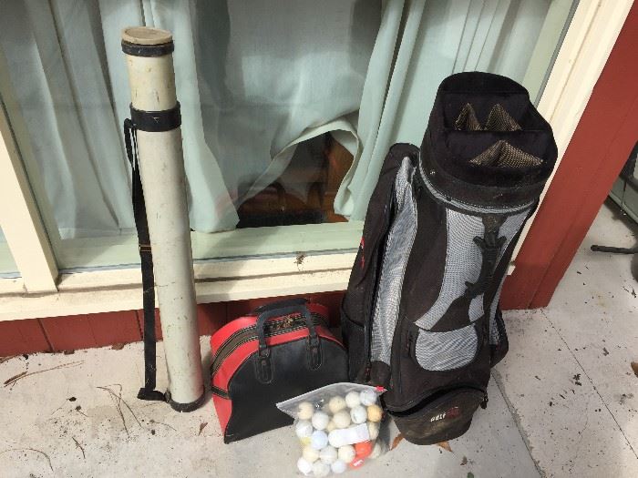 Fishing pole, golf bag and bowling ball