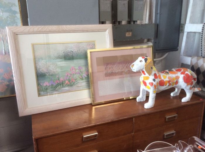 Pastel flower painting, paper art, paper mache dog
