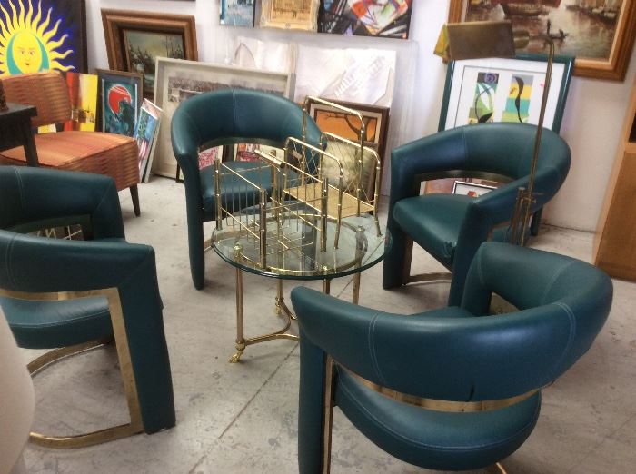Teal leather chairs with gold, set of 4