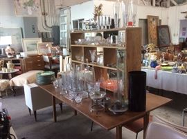 Drop leaf (in half the long way) dining table, glassware