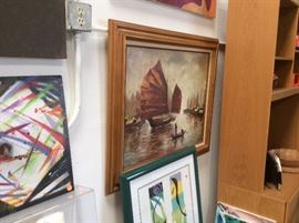 Retro sampan oil painting