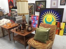 Retro slipper chair, treasure craft pottery, pottery lamp, walnut coffee tables