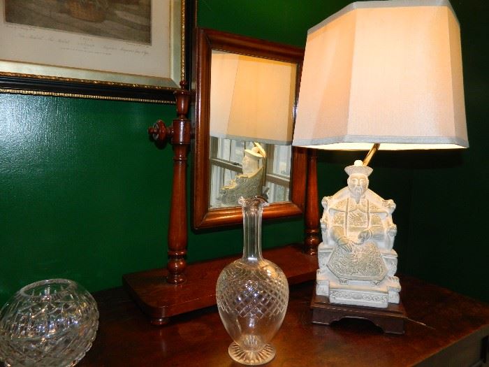 Decorative lamp.  English crystal water bottle.  Mahogany shaving mirror.