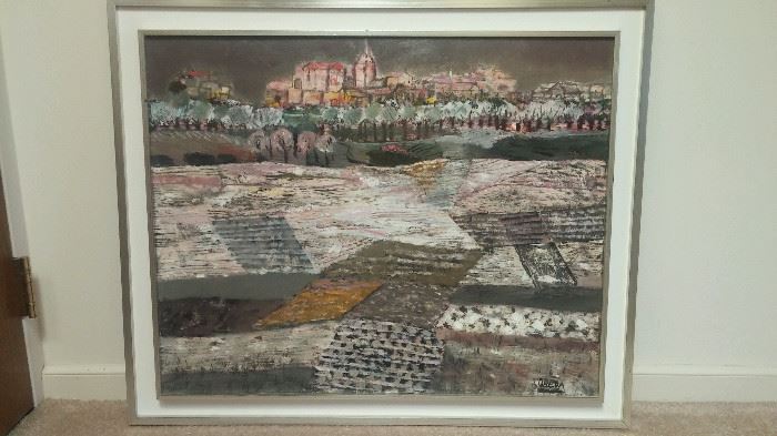  Oil Painting Signed Ubeda -- Fields & Village Landscape