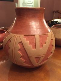 Signed Tomasita Montoya San Juan Carved Large Redware Pot Geometric Design.  'Tomasita Montoya was one of the original seven members of the San Juan Pueblo Pottery Revival of the 1930s. This deeply carved pot was one of Tomasita's specialties.'