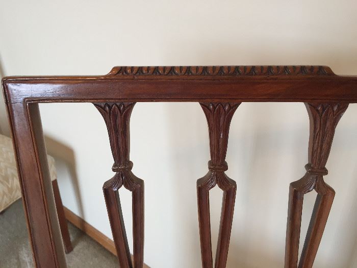 Set of 3 Circa 1800 Sheraton Mahogany Side Chairs each with 3 pierced & carved vertical splats under a lightly carved stepped crest.  The seats are serpentine & the legs gracefully tapered. 