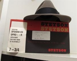 Inside box is brand new Stetson cowboy  hat, on top of box is a vintage Stetson hat from Kisbers Dept. store