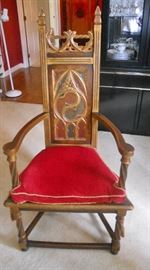 Unusual medieval throne type chair with twisted arm and leg supports