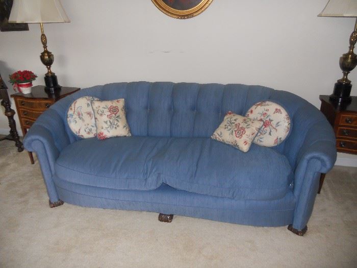 Curved arm tufted back blue fabric sofa