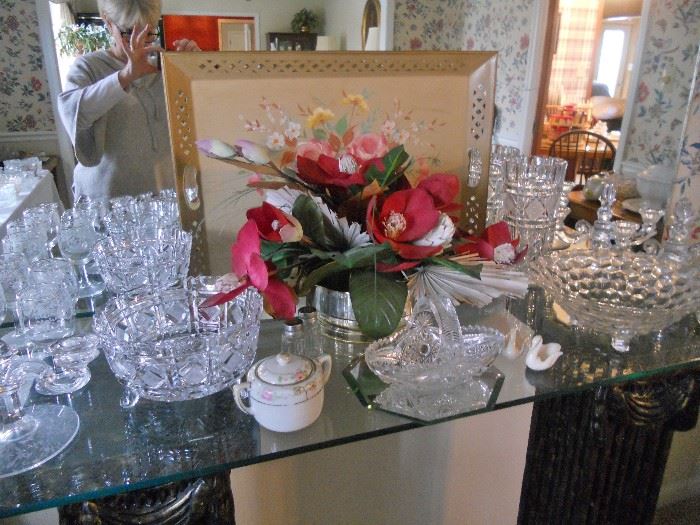 Many lovely crystal bowls and other serving pieces