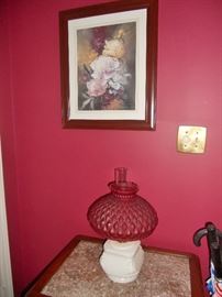 Vintage shade top lamp and floral framed picture