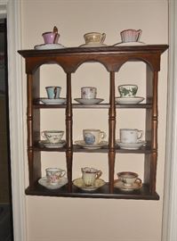 Wall shelf and 12 vintage cup & saucer sets