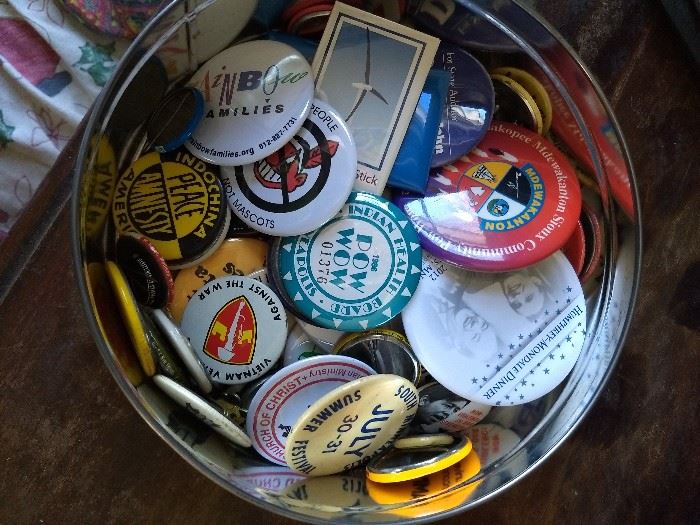 Collection of political and activist pins. Collectibles from 1950s-current. $.50 each