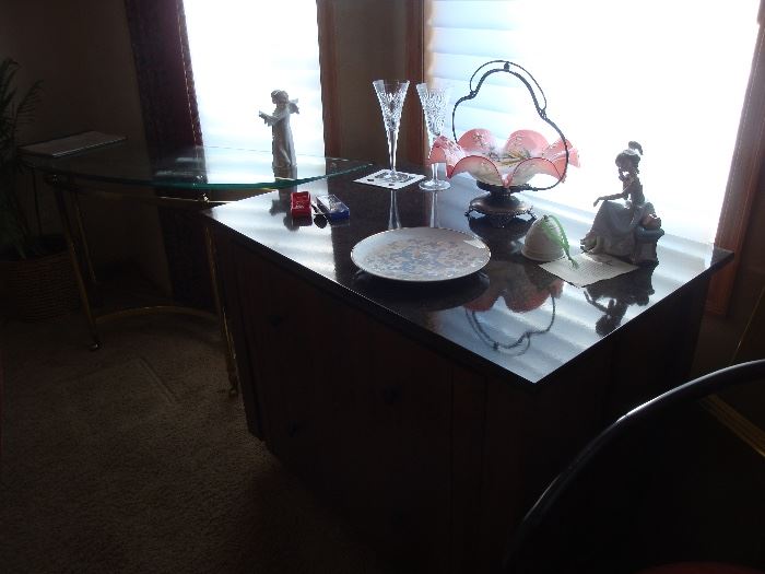 Brides basket w/holder, Lladro Phone girl, Lladro bell, Waterford glasses 