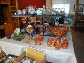 Imperial Carnival Glass punch bowl set, chip dip sets, Ice buckets and vintage barware,