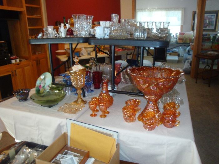 Imperial Carnival Glass punch bowl set, chip dip sets, Ice buckets and vintage barware,