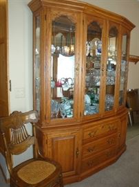 China Cabinet, Elegant and Misc glassware, Caned pressed wood chair
